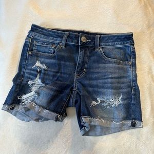 american eagle stretchy midi jean ripped shorts size 6 dark wash